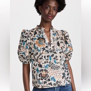 Ulla Johnson Floral Blouse in Blue and Orange